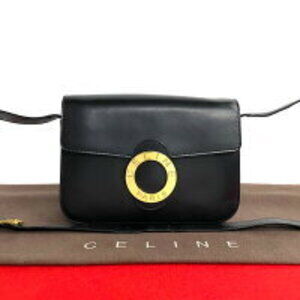 Celine circle logo leather Shoulder Bag black